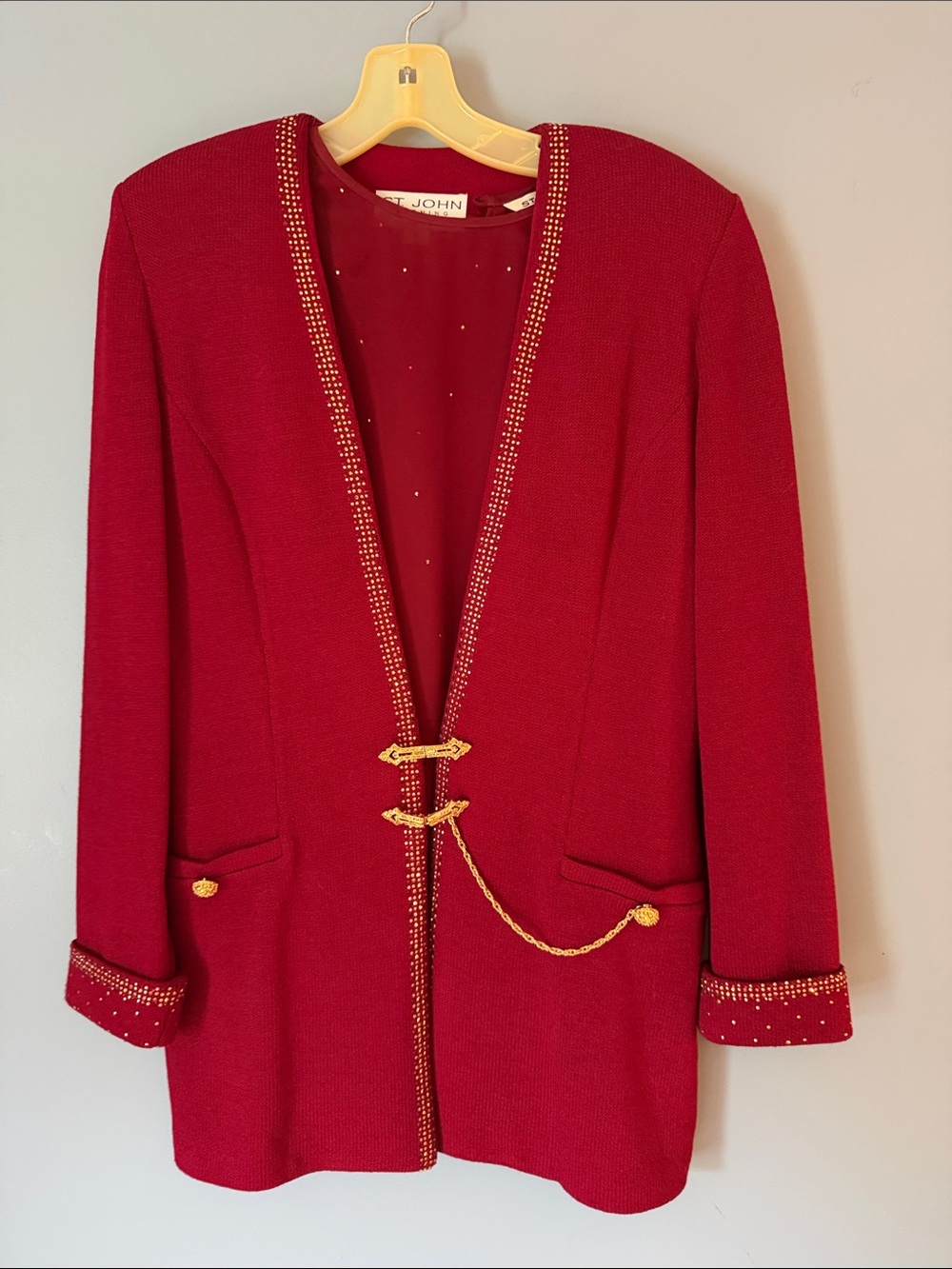 St. John Red Knit Blazer 6 with Gold Chain Trim w/ Blouse and Short Skirt Size 4